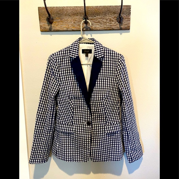 J Crew Blue & White Puckered Gingham Blazer Size 4 💙C6